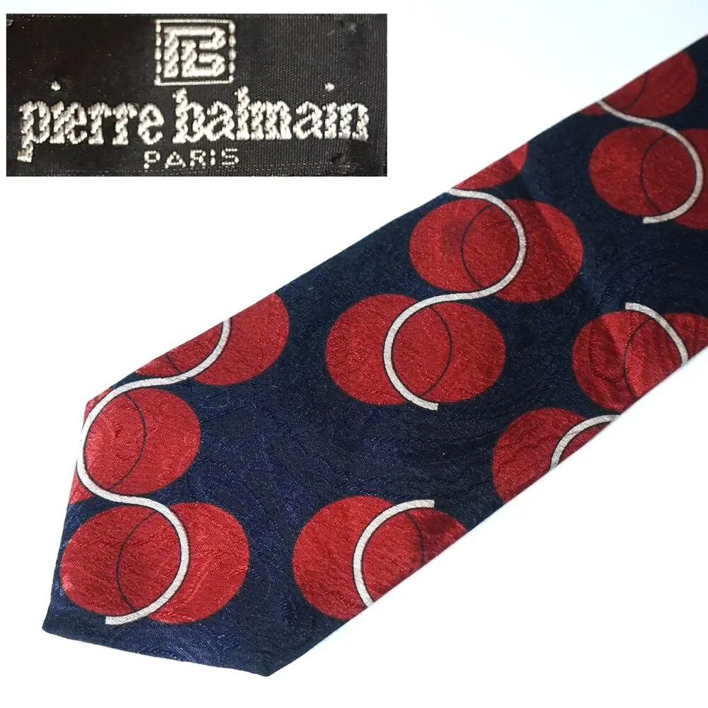 Pierre Balmain Neck Tie Navy Blue Geometric Red White Circular Pattern